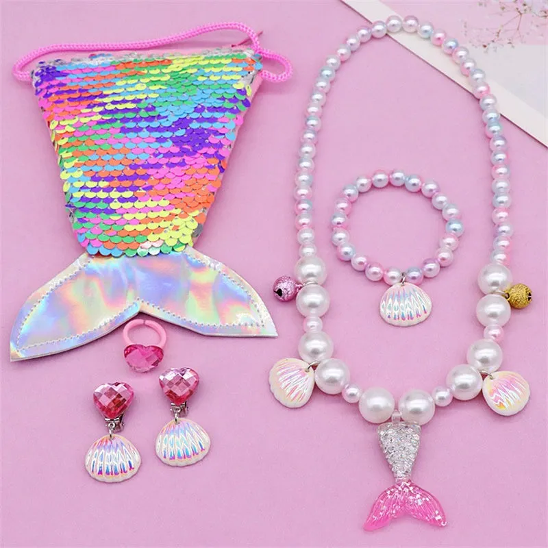 Girls Lovely Mermaid Tail Pearl Necklace Jewelry Set