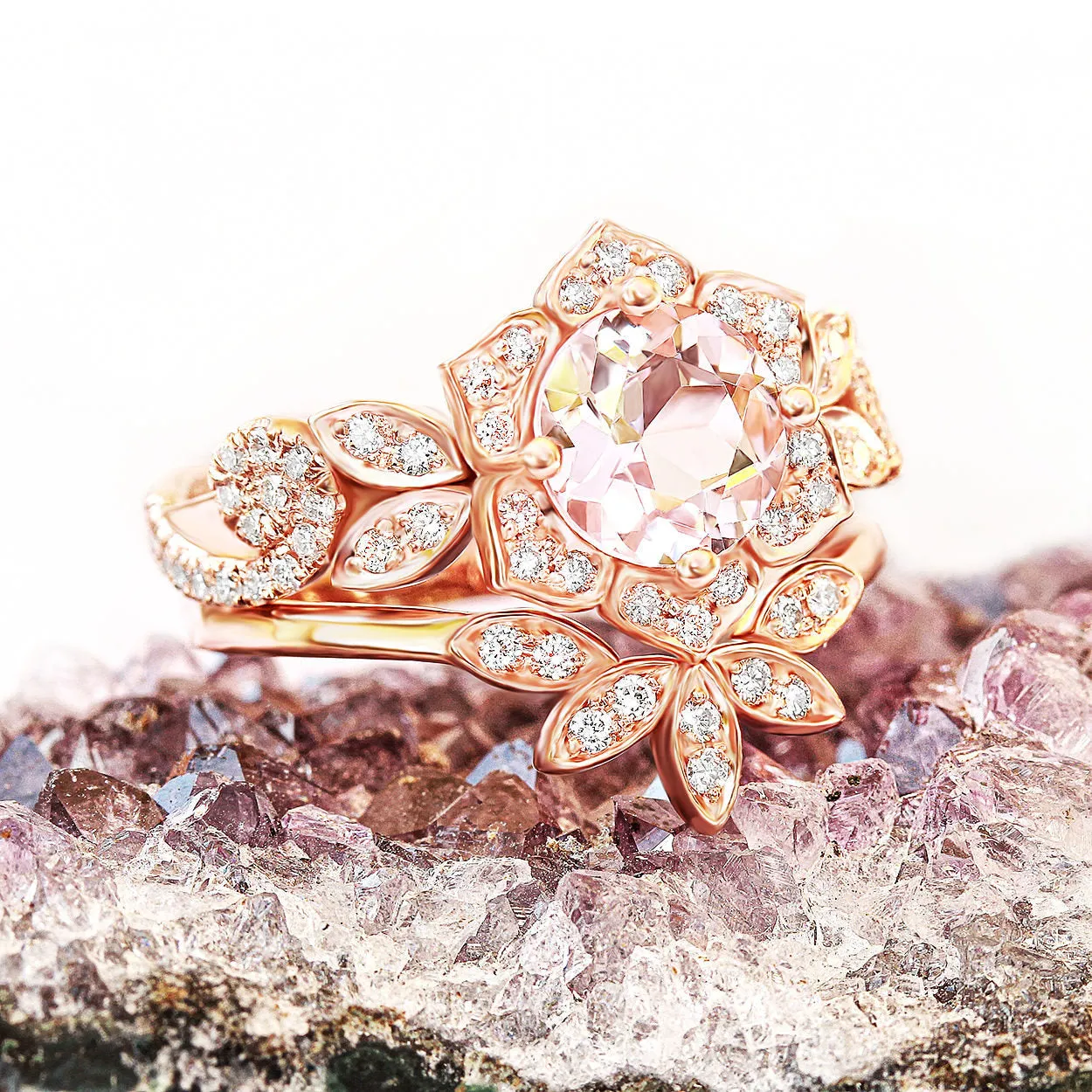 Lily Wave Flower - Morganite & Diamonds Unique Engagement Ring