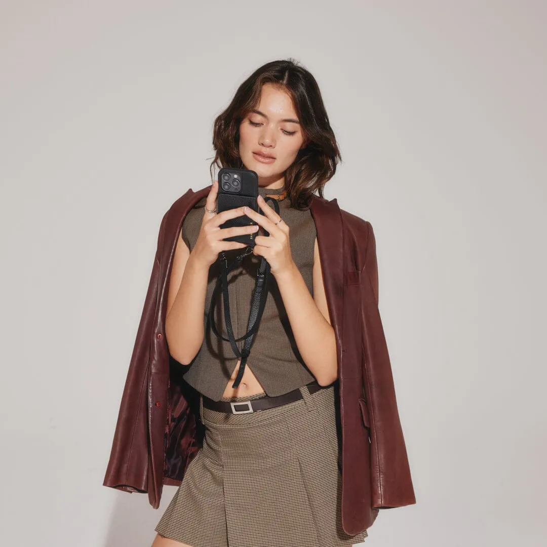 Stylish Mila MagSafe Charging Crossbody Bandolier in Black with Pewter Accents